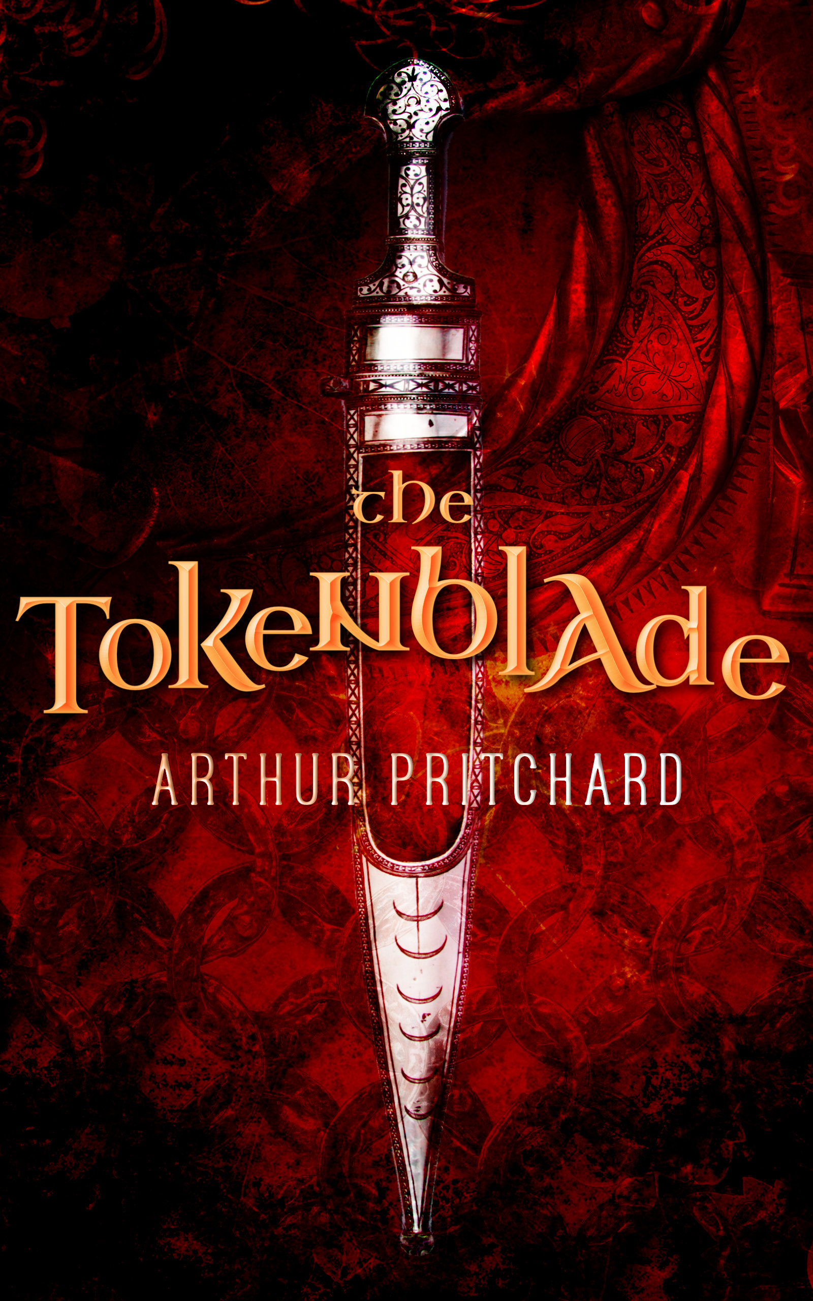 Book cover of a sheathed blade on a red background