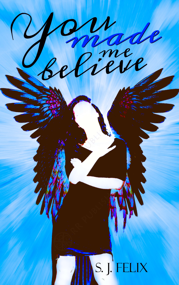 A book cover of a woman with wings on a blue background