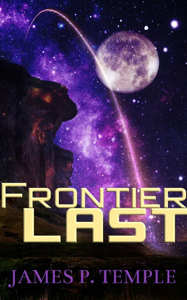 A book cover that has a cliff on one side, a purple night sky full of stars, a moon and the path of a rocket arc across