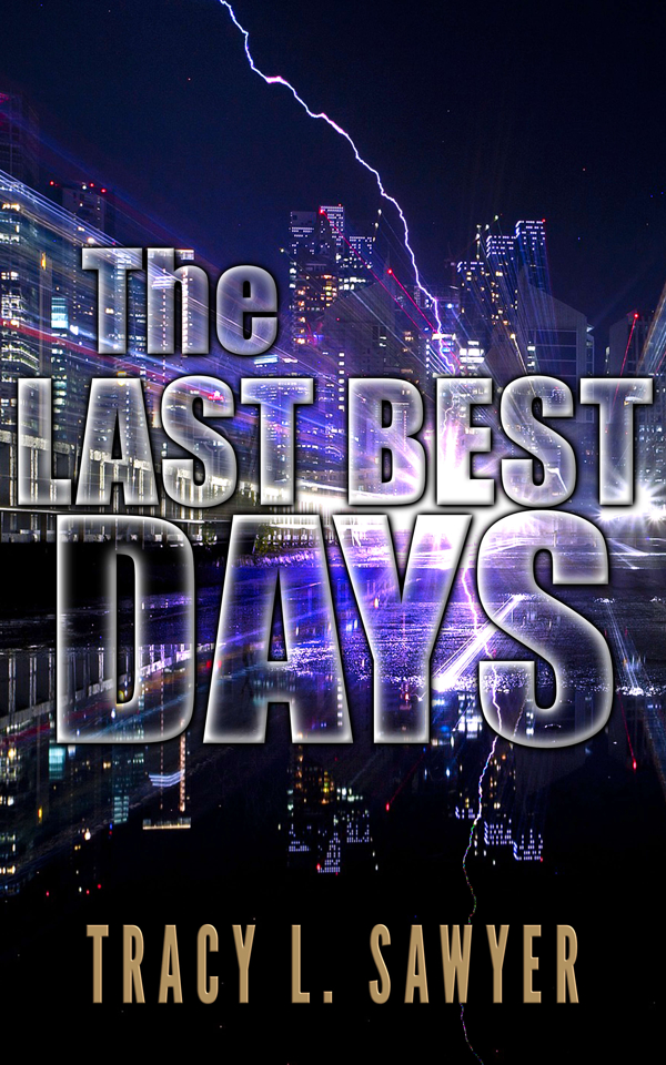 A book cover of a dark cityscape with bright lights and lightning behind the title