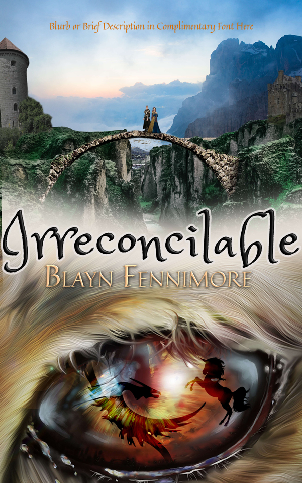 A book cover with the top half being two castles and a bridge over a chasm between and a beast eye on the bottom