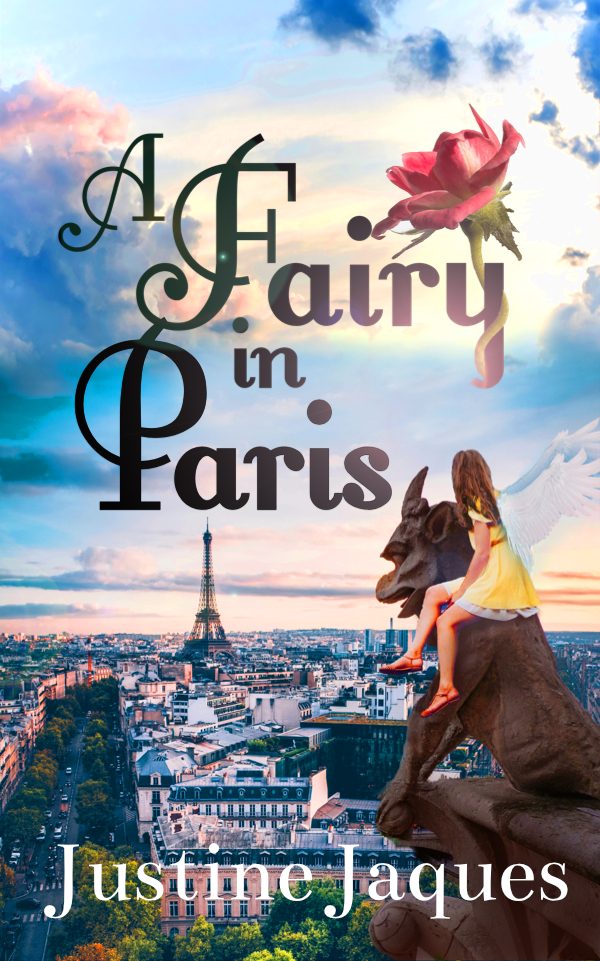 A book cover of a fairy girl sitting on a gargoyle looking out over Paris with the Eiffel Tower off in the distance