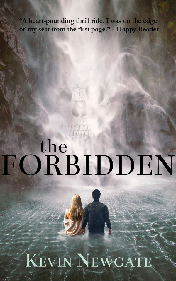 Book cover of a man and woman in a waist-high pool of water facing a waterfall with a giant skull cave behind it