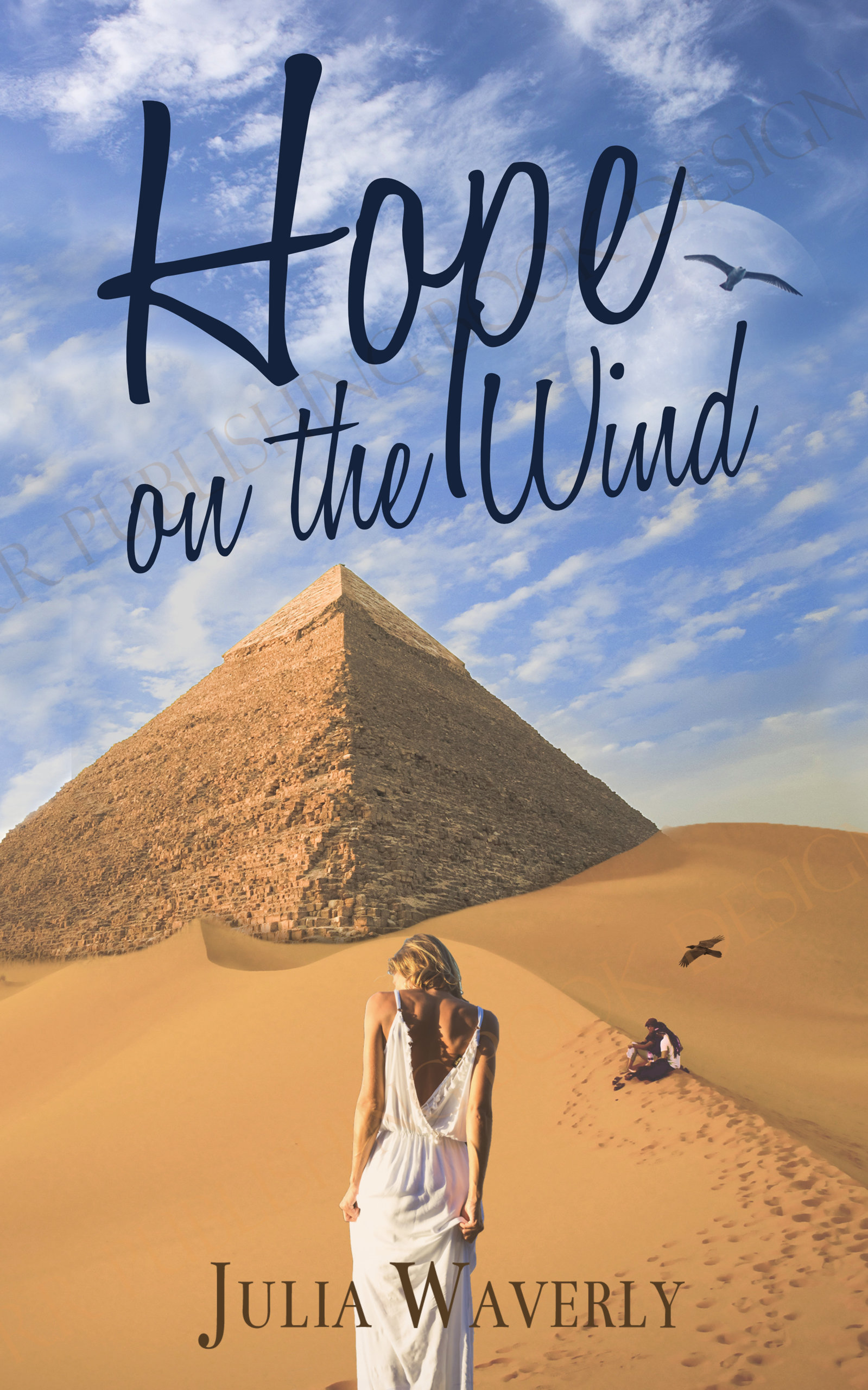 Book cover of woman facing a pyramid below a blue sky.