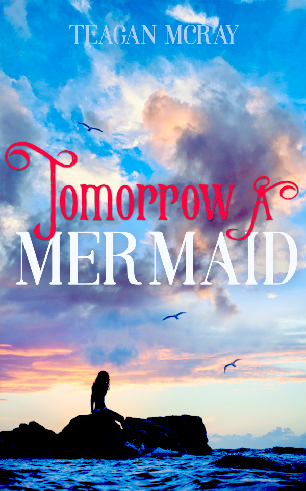 A book cover of a mermaid in silhouette with a huge sunset sky above