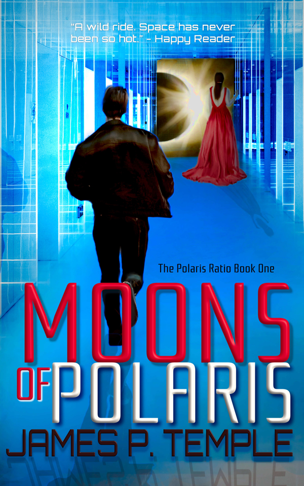 Book cover of a man running down a blue corridor toward a woman in a red dress looking out a spaceship at an eclipsed sun