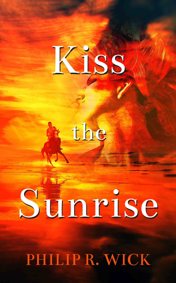 Red and yellow book cover with side of woman's face and man on horseback riding on a beach