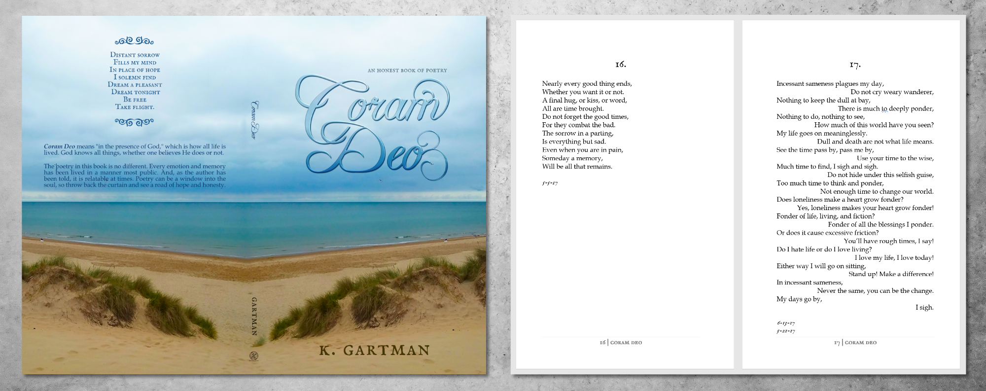 Book cover design and interior example page image for Coram Deo by K. Gartman